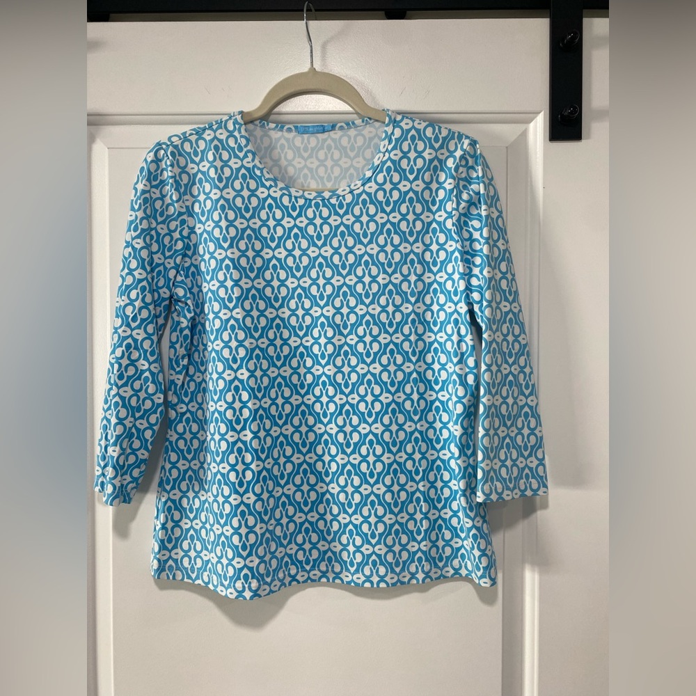 J. McLaughlin Aqua and White Geometric Blouse